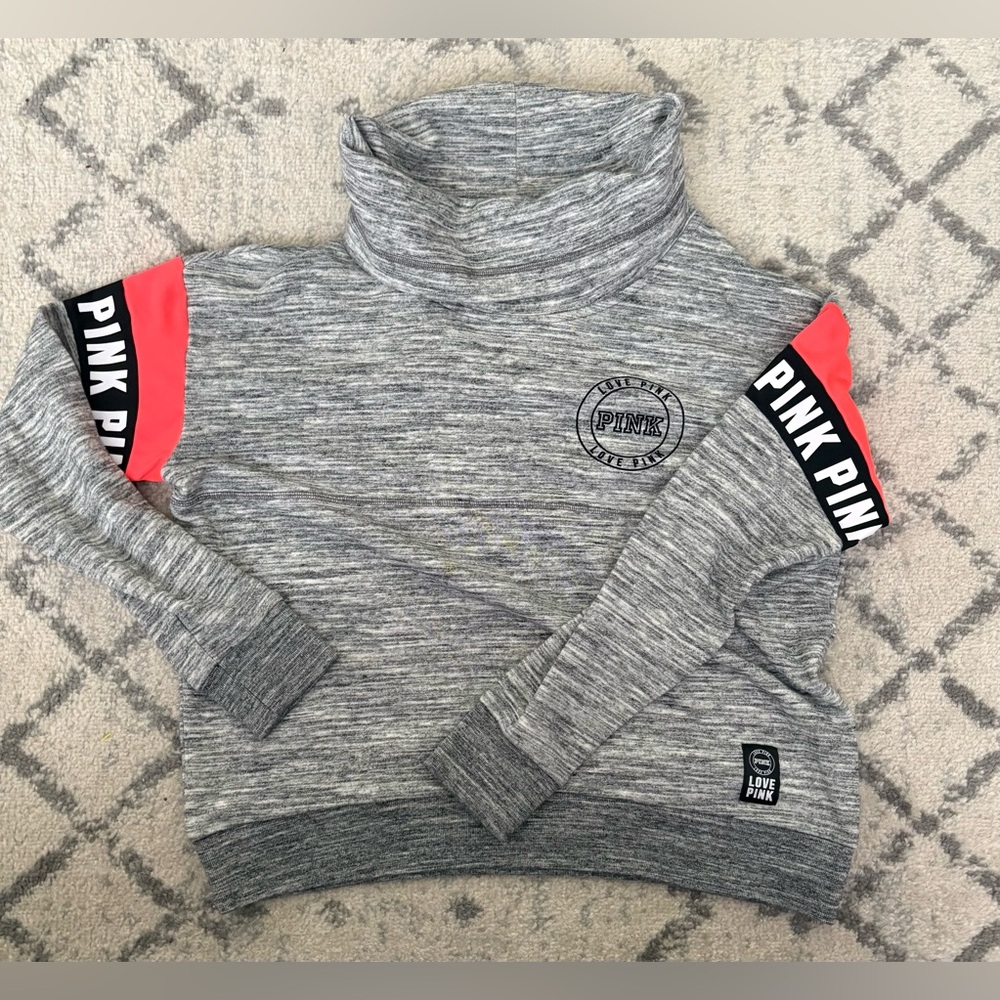 PINK Victoria’s Secret Gray Mock Neck Sweatshirt Logo Sleeve Women’s M
